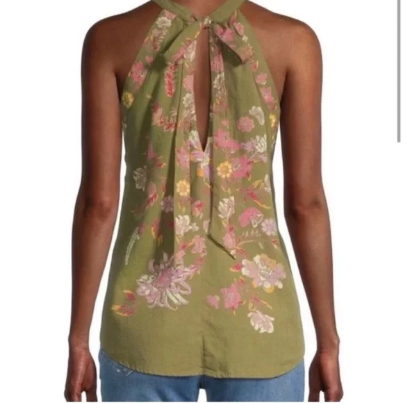 Free People Emily Floral Handkerchief Halter Top Womens Small Mossy Green NWT - Picture 6 of 8